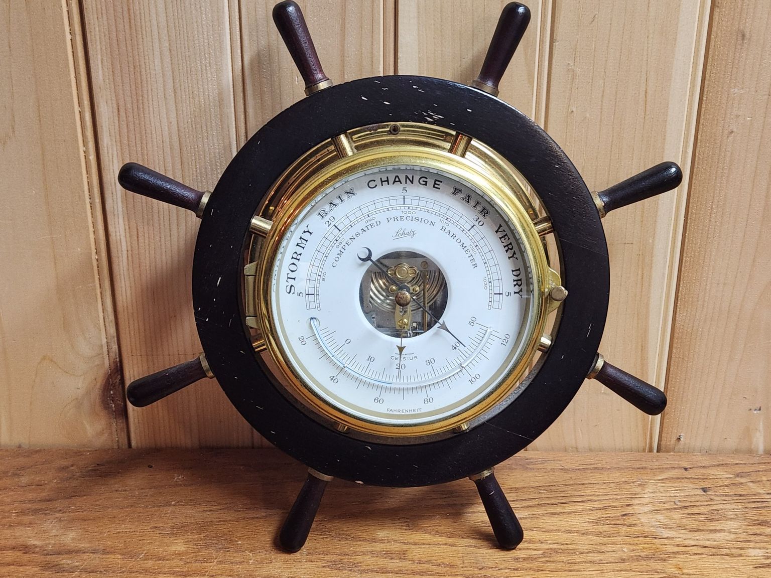 Hitiques Schatz Brass Compensated Barometer Ship Wheel Shape